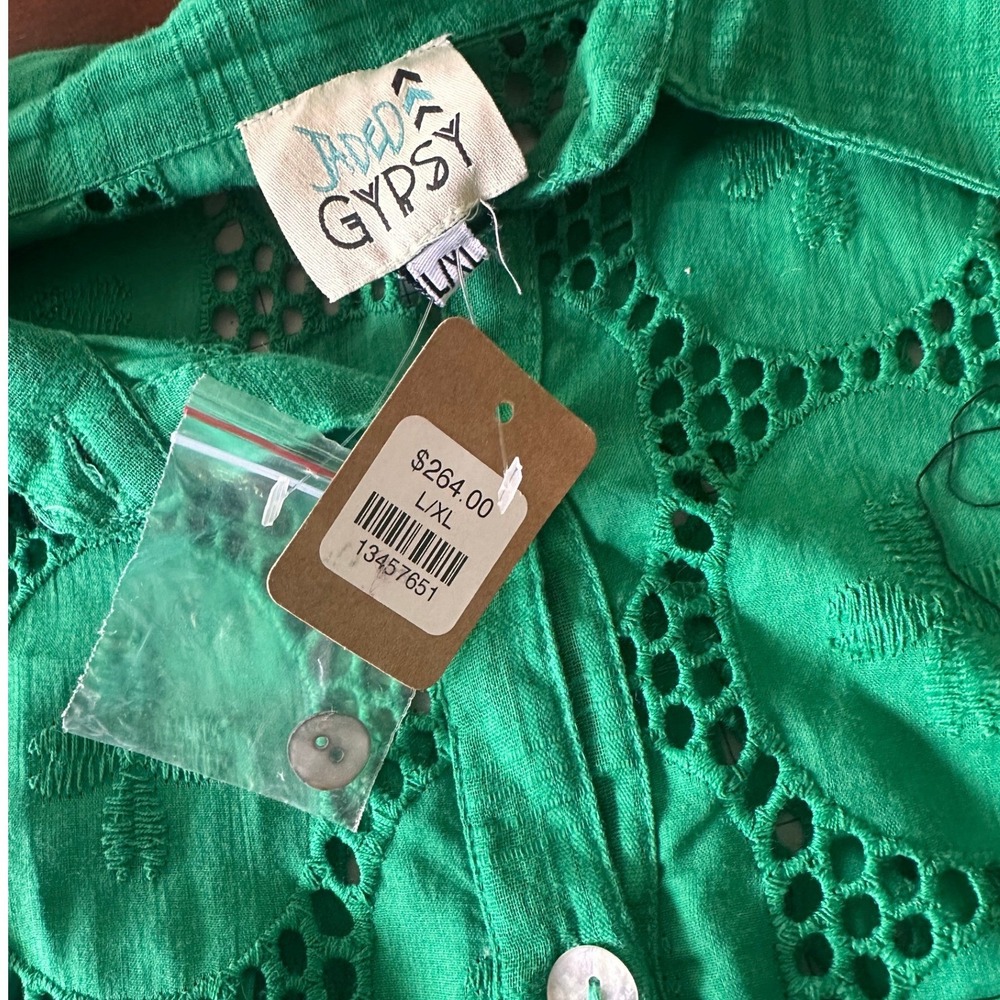 Jaded Gypsy Eyelet Midi Dress L/XL Green NEW Tag Cotton Button Front Tiered Boho - Picture 4 of 8
